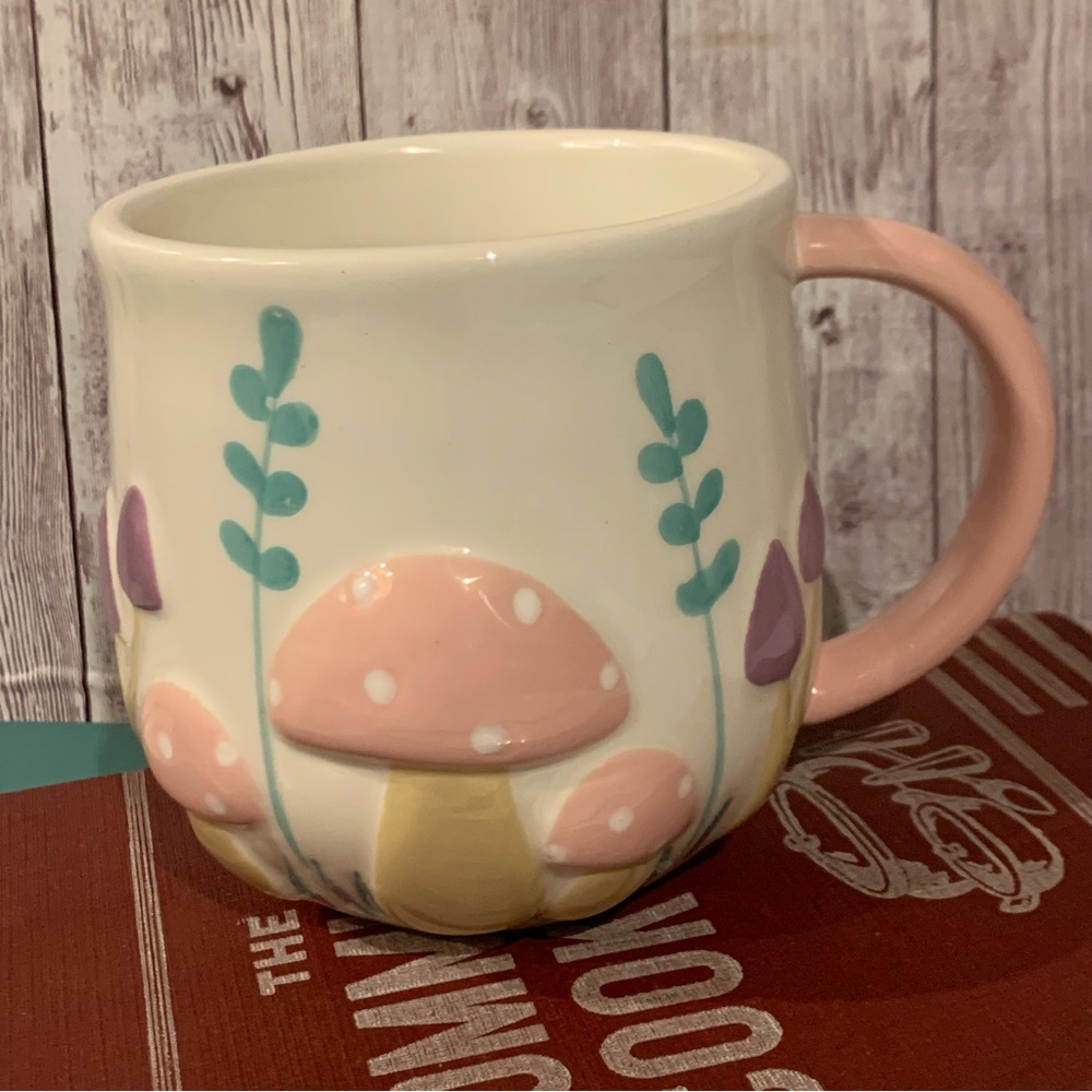Lang Mushroom Theme Embossed Mug Coffee Tea Cup Pink Pastel Spring Summer